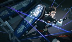 1boy belt black_background black_hair blue_eyes broken broken_chain chain chinese_commentary coffin elbow_gloves gloves hair_slicked_back holding holding_sword holding_weapon kaede1231 looking_at_viewer male_focus mochizuki_ryouji mole mole_under_eye persona persona_3 scabbard sheath short_hair slashing solo sword thanatos_(persona) weapon white_gloves