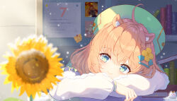 1girl absurdres animal_ear_fluff blue_eyes blurry blurry_foreground closed_mouth flower haires highres indie_virtual_youtuber indoors long_sleeves looking_at_viewer orange_hair puffy_long_sleeves puffy_sleeves short_hair smile solo sunflower virtual_youtuber