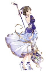 Rule 34 | 1girl, absurdres, alternate costume, blue bow, blue dress, blue nails, bow, brown eyes, brown hair, circlet, commentary request, dress, dunyarzad (genshin impact), earrings, electro symbol (genshin impact), fingernails, from behind, gem, genshin impact, gold trim, high heels, highres, holding, holding polearm, holding weapon, jewelry, long sleeves, looking at viewer, looking back, medium hair, multicolored dress, nail polish, parted bangs, parted lips, polearm, purple gemstone, sazanka, smile, solo, standing, transparent background, vision (genshin impact), weapon, white dress, white footwear