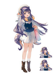 1girl :d arm_up bag beret blue_camisole blue_eyes boots brown_boots brown_hair camisole closed_mouth dress fang flower gradient_hair hat hat_flower high_heel_boots high_heels highres hololive hololive_english long_hair long_sleeves looking_at_viewer multicolored_hair multiple_views ninomae_ina&#039;nis open_mouth paper_bag parted_lips purple_hair rero_(bigdoorbig2) simple_background sleeves_past_wrists smile socks standing very_long_hair virtual_youtuber white_background white_dress white_hat white_socks yellow_flower