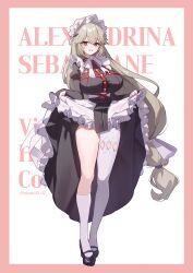1girl absurdres alexandrina_sebastiane asymmetrical_legwear black_gloves black_shoes breasts character_name full_body gloves grey_hair highres kneehighs large_breasts long_hair long_sleeves looking_at_viewer maid maid_headdress mary_janes pantyhose parted_lips partially_fingerless_gloves red_eyes shoes simple_background smile socks solo standing taiyaki12 two-tone_background uneven_legwear very_long_hair white_pantyhose white_socks zenless_zone_zero