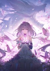 absurdres asymmetrical_gloves black_tiara bow bright_pupils bug butterfly butterfly_wings castorice_(honkai:_star_rail) closed_mouth dragon dress floating_hair flower gloves grey_hair hair_bow highres honkai:_star_rail honkai_(series) insect insect_wings isobe47 legwear_cutout long_hair pantyhose pointy_ears pollux_(honkai:_star_rail) purple_butterfly purple_eyes purple_gloves purple_hair smile tiara uneven_gloves very_long_hair white_bow white_dress white_pantyhose white_pupils wings