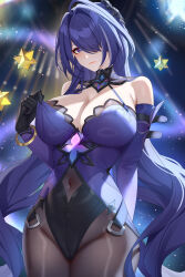 Rule 34 | 1girl, absurdres, acheron (honkai: star rail), bare shoulders, black bodysuit, black collar, black gloves, black shorts, black swan (honkai: star rail), black swan (honkai: star rail) (cosplay), blush, bodysuit, breasts, closed mouth, collar, commentary, cosplay, covered navel, cowboy shot, detached sleeves, dress, english commentary, fingernails, gloves, groin, hair intakes, hair ornament, hair over one eye, halter dress, halterneck, highleg shorts, highres, honkai: star rail, honkai (series), large breasts, long hair, long sleeves, looking at viewer, multicolored hair, nail polish, pulling own clothes, purple dress, purple eyes, purple hair, purple nails, see-through bodysuit, see-through clothes, shorts, solo, streaked hair, thighs, variant set, very long hair, wu ganlan cai