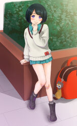 1girl amate_yuzuriha amate_yuzuriha_(cosplay) backpack bag black_boots black_hair blue_shirt blue_skirt blush boots bush closed_mouth collared_shirt commentary_request cosplay gundam gundam_gquuuuuux looking_at_viewer medium_hair pleated_skirt purple_eyes purple_pupils red_bag shiiko_sugai shirt skirt smile solo standing sweater unworn_bag white_sweater zilver-01