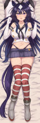1girl absurdres alternate_costume animal_ears bed_sheet black_hairband blue_hair blue_skirt blush cosplay detached_sleeves elbow_gloves gloves hairband highres horse_ears horse_girl horse_tail kantai_collection long_hair looking_at_viewer lying navel on_back open_mouth pillow purple_eyes sample_watermark shimakaze_(kancolle) shimakaze_(kancolle)_(cosplay) skirt smile solo striped_clothes striped_thighhighs tail teaclaw thighhighs thighs umamusume verxina_(umamusume) watermark white_gloves