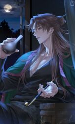 Rule 34 | 1boy, absurdres, adam&#039;s apple, black robe, bottle, brown hair, collarbone, curtains, duyu (07040613), full moon, green eyes, hair bun, hair ornament, hair stick, highres, holding, holding bottle, holding smoking pipe, korean clothes, korean commentary, long hair, long sleeves, looking to the side, male focus, moon, moonlight, night, open clothes, parted lips, pectoral cleavage, pectorals, return of the mount hua sect, robe, signature, sitting, smoke, smoking pipe, solo, tang bo (return of the mount hua sect), upper body, window