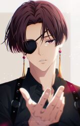 1boy absurdres bishounen black_shirt brown_hair collared_shirt curtained_hair earrings eyepatch fingernails highres jewelry male_focus may_(illust_man_2020) portrait shirt short_hair simple_background solo suo_hayato tassel tassel_earrings teeth wind_breaker_(nii_satoru)