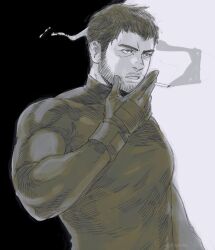 1boy beard chris_redfield cigarette commentary english_commentary facial_hair gloves greyscale highres holding holding_cigarette looking_ahead male_focus monochrome muscular muscular_male parted_lips resident_evil shirt short_hair sideburns smoke smoke_trail solo thick_eyebrows tirtyturtle turtleneck