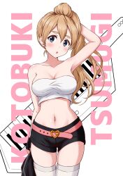 black_shorts blonde_hair ckst highres k-on! kotobuki_tsumugi long_hair ponytail shirt shorts skindentation thighhighs white_shirt