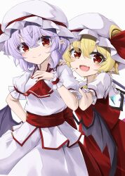 2girls :d akisome_hatsuka ascot bat_wings blonde_hair closed_mouth collared_shirt commentary cowboy_shot fang flandre_scarlet hair_between_eyes hand_on_another&#039;s_shoulder hat hat_ribbon looking_at_viewer low_wings mob_cap multiple_girls open_mouth pointy_ears puffy_short_sleeves puffy_sleeves purple_hair red_ascot red_eyes red_nails red_ribbon red_skirt red_vest remilia_scarlet ribbon shirt short_sleeves siblings simple_background sisters skirt smile touhou vest white_background white_hat white_shirt white_skirt wings wrist_cuffs yellow_ascot