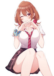 1girl bare_legs blue_scrunchie blush breasts brown_hair closed_mouth commentary_request diagonal-striped_clothes diagonal-striped_necktie double-parted_bangs feet_out_of_frame hair_between_eyes hands_up headphones headphones_around_neck heart heart_hands knees knees_together_feet_apart kohinata_iroha_(imouuzai) large_breasts looking_at_viewer loose_necktie medium_hair miniskirt necktie official_art one_eye_closed plaid_clothes plaid_skirt red_necktie school_uniform scrunchie second-party_source shirt short_sleeves simple_background sitting skirt smile solo striped_clothes tomari_(veryberry00) tomodachi_no_imouto_ga_ore_ni_dake_uzai white_background white_shirt wing_collar wrist_scrunchie
