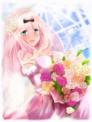 1girl artist_name bare_shoulders black_bow blue_eyes blunt_bangs blush bouquet bow breasts bridal_veil bride cleavage commentary_request dress elbow_gloves flower fujiwara_chika gloves hair_bow highres holding holding_bouquet kaguya-sama_wa_kokurasetai_~tensai-tachi_no_renai_zunousen~ large_breasts long_hair looking_at_viewer open_mouth orange_flower orange_rose pink_dress pink_flower pink_gloves pink_hair pink_rose rose satya smile solo strapless strapless_dress tiara veil wedding_dress yellow_flower yellow_rose