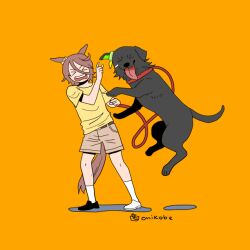 Rule 34 | &gt; &lt;, 1girl, animal ears, animalization, black shoes, brown hair, brown shorts, closed eyes, commentary request, dog, full body, hair between eyes, holding, holding leash, horse ears, horse girl, horse tail, jumping, leash, long bangs, mismatched shoes, narita taishin (umamusume), onikobe rin, open mouth, orange background, shirt, shoes, short hair, shorts, simple background, socks, solo, standing, tail, umamusume, white shoes, white socks, winning ticket (umamusume), yellow shirt