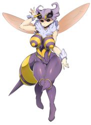 1girl abdomen_tail arthropod_girl bad_id bad_twitter_id bee_girl black_eyes breasts darkstalkers female_focus full_body fur_collar highres huge_breasts insect_girl insect_wings light_purple_hair looking_at_viewer q-bee simple_background slugbox solo stinger white_background wings
