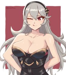 1girl armor arms_behind_back artist_name border breasts cleavage closed_mouth collarbone daymandraws facing_viewer female_corrin_(fire_emblem) fire_emblem fire_emblem_heroes grey_hair highres large_breasts long_hair looking_at_viewer nintendo one_eye_closed outside_border pointy_ears red_background red_eyes signature smile solo standing tongue tongue_out very_long_hair white_border