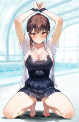 1girl arms_up barefoot black_one-piece_swimsuit black_skirt blush breasts brown_eyes cleavage closed_mouth commentary_request highleg highleg_one-piece_swimsuit highres indoors large_breasts long_hair new_school_swimsuit one-piece_swimsuit original pleated_skirt ponytail restrained school_swimsuit school_uniform short_sleeves skirt solo squatting summer_uniform swimsuit swimsuit_under_clothes thighs toes tomozero