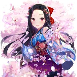 1girl :d bare_shoulders black_hair blue_sky blurry blurry_background blurry_foreground blush bow branch breasts bug butterfly cherry_blossoms clarice_lapis collarbone cowboy_shot day depth_of_field detached_sleeves dress egasumi floral_print flower forehead frills hair_bow hair_flower hair_ornament hair_ribbon hairclip hakama holding insect japanese_clothes jewelry kimono long_hair long_sleeves looking_at_viewer medium_breasts non-web_source obi open_mouth outdoors outstretched_arm outstretched_hand parted_bangs petals pink_flower pleated_skirt print_kimono red_bow red_eyes red_flower ribbon round_teeth salt_(salty) sash skirt sky sleeveless sleeveless_kimono small_breasts smile socks solo standing teeth thighhighs uchi_no_hime-sama_ga_ichiban_kawaii upper_teeth_only very_long_hair white_flower wide_sleeves