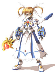 Rule 34 | 10s, 1girl, black gloves, blonde hair, blue eyes, female focus, fingerless gloves, gloves, lyrical nanoha, magical girl, mahou shoujo lyrical nanoha, mahou shoujo lyrical nanoha movie, mahou shoujo lyrical nanoha the movie 1st, nekomamire, raising heart, raising heart (device mode) (1st), shadow, shoes, solo, staff, standing, takamachi nanoha, takamachi nanoha (movie 1st mode), twintails, white background, white devil, white shoes