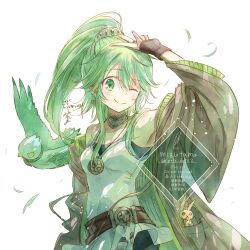 1girl ;) arm_up armpits bare_shoulders belt bird black_shorts black_undershirt blush breasts brown_belt brown_coat brown_gloves closed_mouth coat collar collarbone commentary_request cowboy_shot duel_monster earrings gloves green_eyes green_hair hair_between_eyes hair_ornament highres jewelry long_hair long_sleeves looking_at_viewer medallion medium_breasts mizutama_(mizutamalion) necklace off_shoulder one_eye_closed open_clothes open_coat ponytail shirt short_shorts shorts sidelocks signature simple_background sleeveless sleeveless_shirt smile solo_focus standing stuffed_animal stuffed_rabbit stuffed_toy symbol-shaped_pupils v watermark white_background white_shirt winda_(yu-gi-oh!) winda_priestess_of_gusto yu-gi-oh!