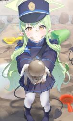 absurdres armband artist_name ball black_hat black_jacket black_skirt black_tail blue_archive blue_armband blush bucket commentary_request demon_tail dirt dirty dirty_clothes dirty_face dorodango epaulettes gloves green_hair green_halo halo hat highres hikari_(blue_archive) jacket kashio_(92984798) long_hair long_sleeves orb outdoors outstretched_arms pantyhose parted_lips peaked_cap pleated_skirt pointy_ears sand_bucket sandbox short_eyebrows sidelocks skirt tail train_conductor triangle_mouth twitter_username v-shaped_eyebrows white_gloves white_pantyhose yellow_eyes