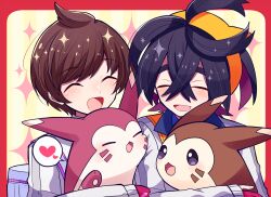 2boys ^_^ alternate_color black_hair blush brown_hair closed_eyes crossed_bangs fang florian_(pokemon) furret gen_2_pokemon gloves hair_between_eyes heart jacket kieran_(pokemon) long_sleeves male_focus motiumai multicolored_hair multiple_boys nintendo open_mouth partially_fingerless_gloves pokemon pokemon_(creature) pokemon_sv purple_hair red_gloves shiny_pokemon simple_background smile sparkle spoken_heart white_jacket