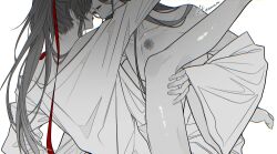 2boys absurdres after_kiss bare_legs barefoot black_hair bottomless chest_tattoo chinese_clothes collarbone feet_out_of_frame greyscale hair_ribbon hand_on_another&#039;s_leg hanfu head_out_of_frame high_ponytail highres implied_sex lan_wangji leg_grab legs_up long_hair long_sleeves looking_at_another male_focus modao_zushi monochrome multiple_boys off_shoulder open_clothes open_mouth open_robe parted_lips partially_undressed pectorals ponytail red_ribbon ribbon robe robe_partially_removed saliva saliva_trail sidelocks signature simple_background spot_color spread_legs tattoo tongue tongue_out tsubame-shi_(tubame) twitter_username very_long_hair wei_wuxian white_background wide_sleeves yaoi