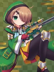 1girl ahoge black_pantyhose blush braid braided_sidelock brown_hair checkered_background coat coat_pouch detached_sleeves eyepatch fingerless_gloves gloves green_coat green_eyes green_hood green_kimono gun hair_over_one_eye holding holding_gun holding_weapon hood hood_up japanese_clothes kimono knee_up looking_at_viewer navel neck_ribbon pantyhose ribbon rifle sengoku_otome short_hair sitting skirt solo utahiro_(shima) weapon yamamoto_kansuke_(sengoku_otome) yellow_skirt