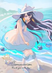 1girl 4others :d absurdres beach besi_(besidoesart) blue_collar blue_eyes blue_footwear blue_ribbon blue_sky cloud collar commission cosplay dress english_text floating_hair footprints gen_2_pokemon hat hat_ribbon highres hololive hololive_english kneehighs lillie_(pokemon) lillie_(pokemon)_(cosplay) long_hair looking_at_viewer mole multiple_others ninomae_ina&#039;nis nintendo open_mouth orange_hair pokemon pokemon_sm purple_hair ribbon sand sky smile socks sun_hat swimming takodachi_(ninomae_ina&#039;nis) tentacle_hair togepi twitter_username very_long_hair virtual_youtuber white_dress white_headwear white_socks wide_brim wind wooper