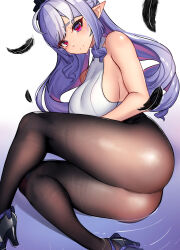 1girl absurdres ahoge ass bare_arms black_feathers breasts crying crying_with_eyes_open drill_hair feathers frown furrowed_brow high_heels highres large_breasts legs long_hair looking_at_viewer lying mole mole_under_eye nicchi on_side pantyhose pointy_ears purple_hair red_eyes shirt sideboob sleeveless sleeveless_shirt solo swept_bangs tears thick_thighs thighs twin_drills very_long_hair vivian_banshee white_shirt zenless_zone_zero