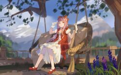 argyle_bow blue_sky blunt_bangs bow brooch brown_eyes cat_princess chinese_commentary choker cloud collarbone commentary_request derivative_work dress eyelashes far_and_away_(infinity_nikki) flower forest frilled_dress frilled_wrist_cuffs frills gloves hair_bow hammock hand_on_own_head happy in-universe_location infinity_nikki jewelry lavender_(flower) layered_dress light_smile long_dress long_hair looking_at_viewer mary_janes mountain nature neck_flower nikki_(nikki) nikki_(series) on_hammock parted_lips pink_hair pink_lips puffy_short_sleeves puffy_sleeves purple_flower railing red_bow red_choker red_dress red_shoes ribbon screenshot_redraw shoes short_sleeves sidelocks sitting sky tree very_long_hair wavy_hair white_dress white_gloves white_wrist_cuffs wrist_cuffs yellow_flower yellow_ribbon