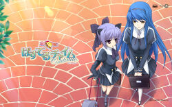 5pb. alice_soft animal_ears artist_request bag black_hairband black_shirt black_shoes black_skirt black_sleeve_cuffs blue_hair bolo_tie bow breasts brick_road briefcase brown_bag buttons cat_ears coattails company_name copyright_name copyright_notice gold_buttons grey_socks guimpe hair_bow hairband highres holding holding_bag horizontal-striped_sleeve_cuffs japanese_clothes juliet_sleeves kimono kneehighs large_breasts leaf logo long_hair long_sidelocks long_sleeves looking_at_another mary_janes medium_breasts miniskirt neck_ribbon official_art official_wallpaper open_mouth pastel_chime pastel_chime_continue puffy_sleeves purple_bow purple_eyes purple_hair purple_ribbon ribbon saika_s._falnese school_bag school_briefcase second-party_source shadow shirt shoes sidelocks skirt socks sunlight suzuki_botan talking taut_clothes taut_shirt thighhighs tight_clothes tight_shirt title unworn_kimono very_long_hair walking white_stripes white_thighhighs yagasuri yellow_eyes