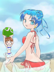 2girls alternate_hairstyle aqua_eyes arle_nadja arms_up artist_request ass ball beach beachball bikini blue_hair brown_hair butt_crack compile earrings from_behind jewelry looking_at_viewer looking_back lowres madou_monogatari multiple_girls objectification ocean puyo_(puyopuyo) puyopuyo red_bikini rulue_(puyopuyo) sand sarong sega short_hair side-tie_bikini_bottom sky smile swimsuit water