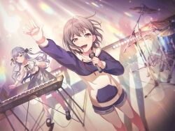 2girls arm_up bang_dream! bang_dream!_it&#039;s_mygo!!!!! black_ribbon blue_hair blue_hoodie blush braid brown_eyes closed_mouth crying crying_with_eyes_open drum drum_set game_cg grey_hair grey_skirt hair_ribbon hood hood_down hoodie instrument keyboard_(instrument) long_hair long_sleeves multiple_girls neck_ribbon official_art open_mouth ribbon shirt short_hair sidelocks skirt takamatsu_tomori tears teeth third-party_source togawa_sakiko upper_teeth_only white_shirt yellow_eyes