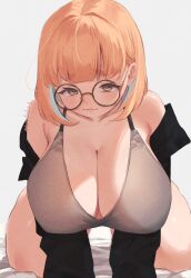1girl :3 all_fours black_shirt blue_hair blush bob_cut breasts cleavage glasses grey_background huge_breasts kneeling korehakonbu leaning_forward multicolored_hair off-shoulder_shirt off_shoulder open_clothes open_shirt orange_hair original round_eyewear shirt short_hair smile solo yellow_eyes