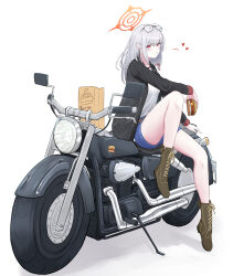 1girl absurdres arm_support bag black_jacket blue_archive boots bow brown_boots burger casual chewing contemporary denim denim_shorts eating eyewear_on_head food full_body glasses grey_hair hair_bow halo haruna_(blue_archive) heart highres jacket legs looking_at_viewer mola_(mola526) motor_vehicle motorcycle on_motorcycle open_clothes open_jacket paper_bag red_bow red_eyes shirt short_shorts shorts sidesaddle sitting solo white_shirt