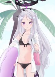 1girl akaya_(pixiv20545353) bag bikini bikini_under_clothes black_bikini blue_archive breasts collarbone commentary_request frilled_bikini frills gluteal_fold grey_hair groin halo highres hina_(blue_archive) holding holding_swim_ring horns innertube jacket long_hair long_sleeves looking_at_viewer low_wings navel off_shoulder open_clothes open_jacket palm_tree parted_lips purple_eyes purple_wings small_breasts solo swim_ring swimsuit tree very_long_hair white_jacket wings