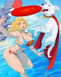 1girl animal beach bikini blonde_hair blue_bikini blue_eyes blush breasts cape cleavage cloud collar collarbone dc_comics dog flying frisbee krypto_the_superdog large_breasts long_hair navel ocean open_mouth print_bikini red_cape red_lips rock sand side-tie_bikini_bottom sky smile supergirl superman_(series) superman_logo swimsuit teeth tezy8art throwing water white_fur