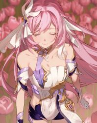 1girl black_shorts breasts cleavage closed_eyes commentary_request corset elysia_(herrscher_of_human:_ego)_(honkai_impact) elysia_(honkai_impact) field flower flower_field gloves hidzuchi_18 highres honkai_(series) honkai_impact_3rd large_breasts long_hair pink_flower pink_hair pink_tulip short_shorts shorts smile solo triquetra tulip veil very_long_hair white_corset white_gloves white_veil