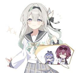 3girls black_hairband blue_eyes bow bowtie buttons closed_eyes double-breasted eyewear_on_head firefly_(honkai:_star_rail) firefly_(spring_missive)_(honkai:_star_rail) glasses goggles goggles_on_head green_bow green_bowtie grey_background grey_hair grey_sailor_collar hairband honkai:_star_rail honkai_(series) kafka_(honkai:_star_rail) looking_at_viewer multicolored_eyes multiple_girls official_alternate_costume pince-nez plaid_bow plaid_bowtie plaid_clothes plaid_skirt pleated_skirt purple_eyes purple_hair sailor_collar shirt silver_wolf_(honkai:_star_rail) simple_background skirt smile two-tone_eyes uwasewau white_shirt
