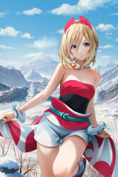 1girl anklet bare_arms blonde_hair blue_eyes bracelet closed_mouth cloud commentary day eyelashes happy highres irida_(pokemon) jewelry leg_up looking_at_viewer medium_hair mountainous_horizon neck_ring nintendo outdoors pokemon pokemon_legends:_arceus red_shoes redpoke sash shirt shoes shorts sky smile snow solo strapless strapless_shirt tree waist_cape