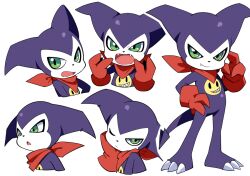 bandana bandana_around_neck demon digimon digimon_(creature) fangs full_body green_eyes impmon multiple_views open_mouth red_bandana simple_background white_background yuzuaccident