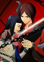 Rule 34 | 1boy, 1girl, absurdres, amano maya, arm around waist, black hair, black jacket, blood, blood from mouth, blood on clothes, blue necktie, brown eyes, brown hair, chain, chained, crying, crying with eyes open, cuffs, highres, holding hands, injury, jacket, lance, langle l, looking down, multicolored jacket, necktie, nyarlathotep (persona 2), persona, persona 2, polearm, red background, red jacket, shackles, short hair, smile, stab, suou tatsuya, tears, tentacles, two-tone jacket, weapon