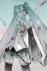 1girl android aqua_background aqua_eyes aqua_nails arm_tattoo arms_at_sides artist_name bare_shoulders black_skirt black_sleeves black_thighhighs cable chinese_commentary collared_shirt commentary_request cowboy_shot dated detached_sleeves double-parted_bangs dress english_text expressionless fingernails gradient_background grey_background grey_necktie grey_shirt hair_between_eyes hatsune_miku headphones heart highres legs_apart lirseven long_hair looking_ahead machine mechabare miku_day miniskirt motherboard nail_polish necktie number_tattoo parted_lips pink_background pleated_dress red_tattoo see-through_body see-through_clothes see-through_shirt shirt skirt sleeveless sleeveless_shirt sleeves_past_wrists solo standing sway_back tattoo thighhighs tie_clip translucent_hair twintails untucked_shirt very_long_hair vocaloid vocaloid_boxart_pose wing_collar x-ray zettai_ryouiki