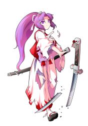 1girl alphes_(style) commentary_request dairi defeat full_body hair_ribbon haori high_ponytail highres japanese_clothes katana large_variant_set long_hair long_sleeves meira_(touhou) pants parody ponytail purple_hair red_vest ribbon socks solo style_parody sword tabi tachi-e torn_clothes touhou touhou_(pc-98) transparent_background variant_set vest weapon white_pants white_ribbon white_socks wide_sleeves