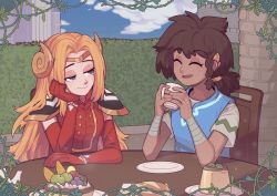 Rule 34 | amphibia, anne boonchuy, armor, blonde hair, blue eyes, blush, cape, caroro117, closed eyes, closed mouth, cosplay, cup, dark-skinned female, dark skin, edelgard von hresvelg, edelgard von hresvelg (cosplay), edelgard von hresvelg (timeskip), fire emblem, fire emblem: three houses, gloves, link, link (cosplay), long hair, long sleeves, mole, mug, nintendo, ponytail, red cape, sasha waybright, simple background, smile, tea, the legend of zelda, the legend of zelda: breath of the wild, yuri