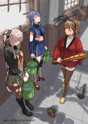 3girls anger_vein asahi_(kancolle) asahi_(setsubun)_(kancolle) black_footwear black_jacket blue_hair boots bra braid breasts brown_hair brown_pantyhose bucket bullet_hole closed_eyes club club_(weapon) damaged fake_horns false_smile gotland_(kancolle) gotland_andra_(kancolle) grey_sailor_collar grey_skirt hair_flaps hair_ribbon happi holding holding_bucket holding_club holding_weapon horns jacket japanese_clothes kanabou kantai_collection long_hair medium_breasts miniskirt multiple_girls neck_ribbon pantyhose pink_hair pleated_skirt ponytail purple_bra red_ribbon repair_bucket ribbon sailor_collar short_hair single_braid skirt smile tantaka torn_clothes torn_pantyhose torn_skirt underwear very_long_hair weapon yura_(kancolle) yura_kai_ni_(kancolle)