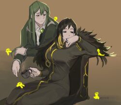 Rule 34 | 1boy, 1girl, binah (project moon), black cape, black dress, black eyes, black hair, blonde hair, brown background, brown eyes, cape, closed mouth, collared shirt, colored inner hair, cup, dress, earrings, floor of art&#039;s glowing creature, fur-trimmed cape, fur trim, green hair, green necktie, hexagon print, highres, jewelry, library of ruina, long hair, long sleeves, looking at viewer, mole, mole under eye, multicolored hair, necktie, netzach (project moon), project moon, ring, shirt, simple background, sitting, teacup, upper body, wervus, white shirt