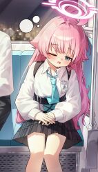 1girl 1other absurdres abydos_high_school_logo ahoge aqua_necktie black_skirt blue_archive blue_eyes blush capry cityscape collared_shirt commentary_request dress_shirt feet_out_of_frame hair_flaps hair_intakes halo highres hoshino_(blue_archive) huge_ahoge id_card long_hair long_sleeves looking_at_viewer necktie one_eye_closed open_mouth pink_hair pink_halo plaid_clothes plaid_skirt pleated_skirt saliva saliva_trail shirt sidelocks sitting skirt sleepy solo_focus train_interior very_long_hair white_shirt