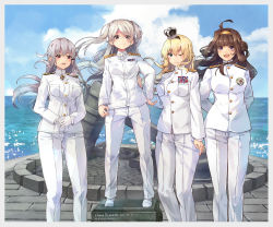 4girls ahoge alternate_costume blonde_hair blue_eyes blue_sky braid brown_eyes brown_hair buttons cloud conte_di_cavour_(kancolle) crown double_bun epaulettes gangut_(kancolle) grey_hair hair_bun hairband half_up_braid highres himeyamato jacket kantai_collection kongou_(kancolle) long_hair mini_crown monument multiple_girls ocean one_eye_closed open_mouth pants purple_eyes red_eyes ribbon sky trait_connection twintails warspite_(kancolle) waves white_footwear white_jacket white_pants white_uniform wide_hips wink