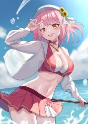 1girl bikini blush breasts cleavage fire_emblem fire_emblem_engage fire_emblem_heroes flat_cap flower harpoon hat highres holding_harpoon jacket jewelry lapis_(fire_emblem) lapis_(forager_of_the_sea)_(fire_emblem) medium_breasts multicolored_bikini navel necklace nintendo ocean official_alternate_costume open_mouth pink_eyes pink_hair red_bikini see-through_clothes see-through_jacket short_hair skirt smile solo sunflower swimsuit tarutaru193 two-tone_hat water white_hat white_jacket